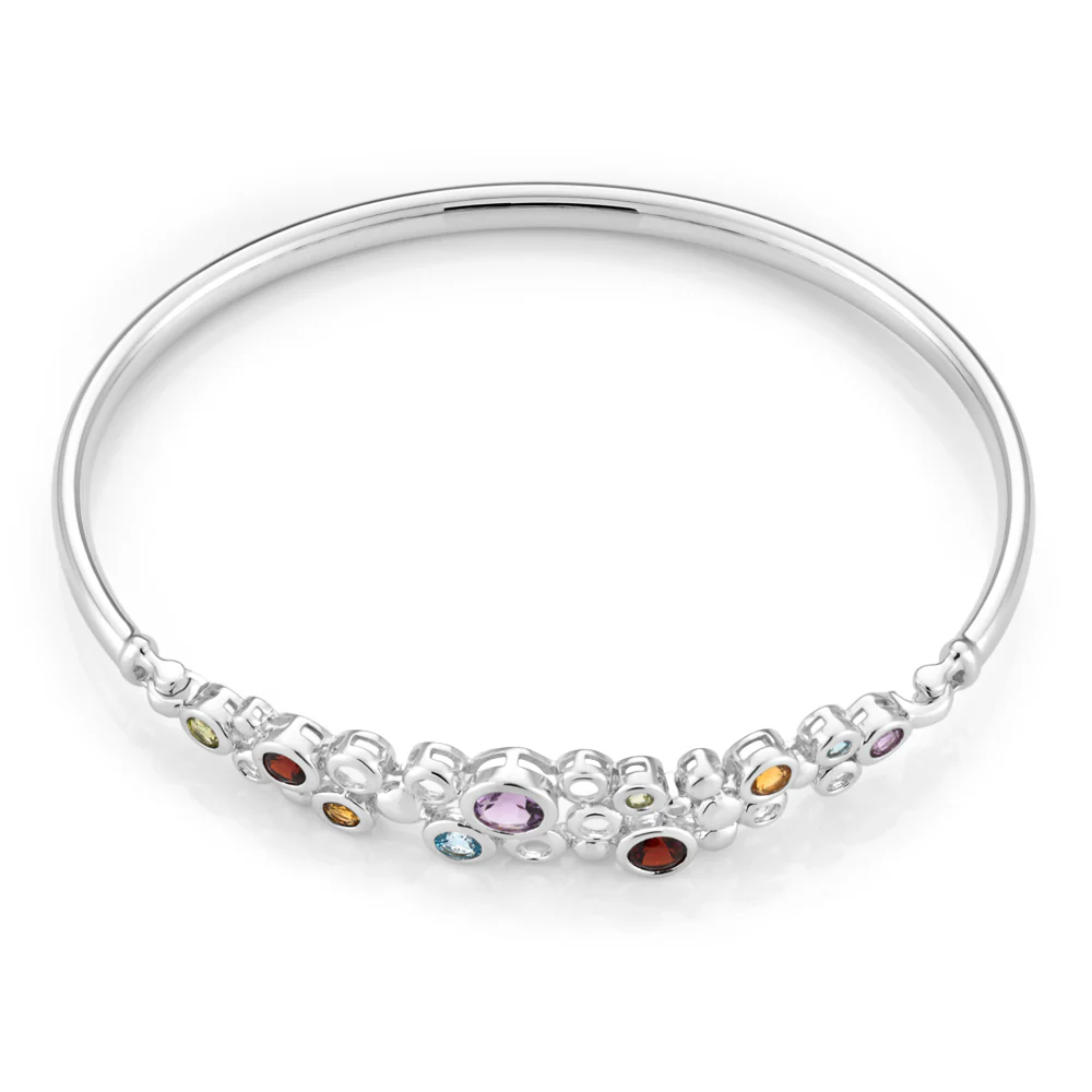 Sterling Silver Natural Mixed Gemstone Bangle 65mm Diameter - Image 2