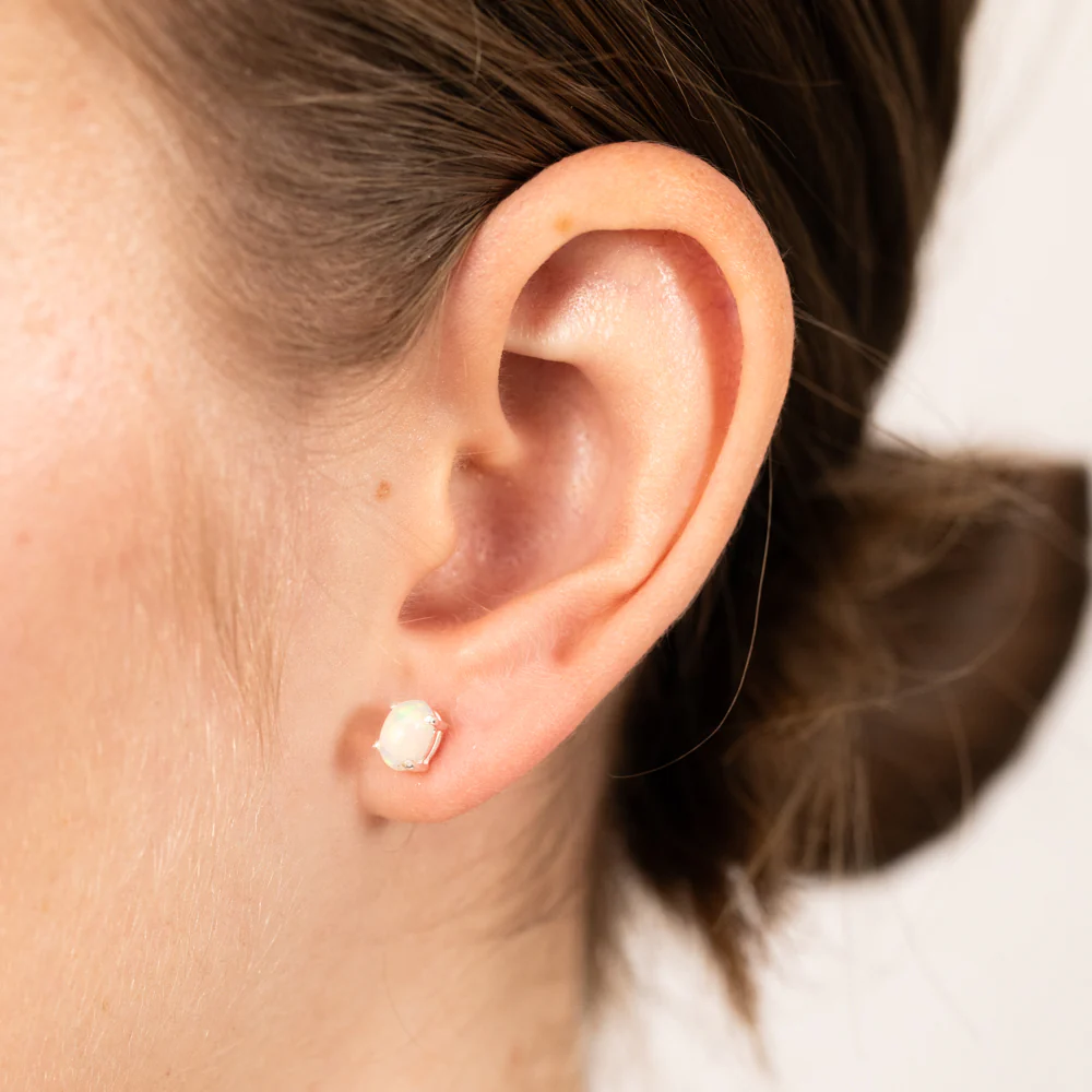 Sterling Silver Natural Opal Oval 4x6mm Stud Earrings - Image 2