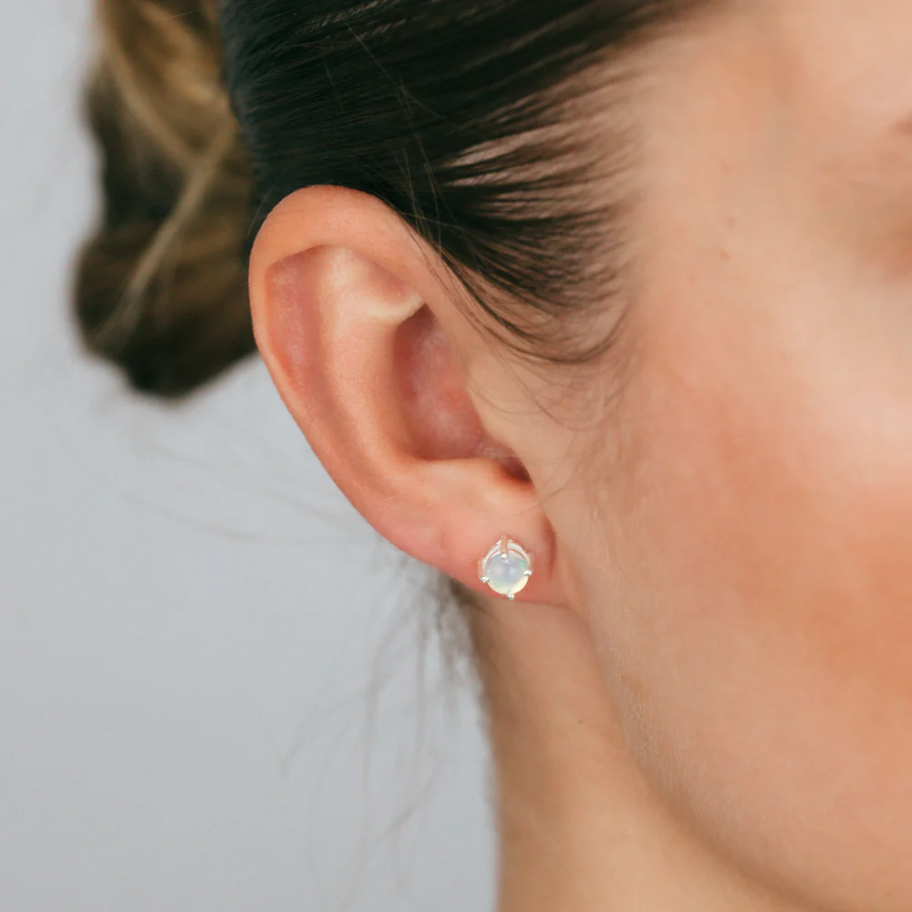 Sterling Silver Natural Opal Round 4x6mm Stud Earrings - Image 2