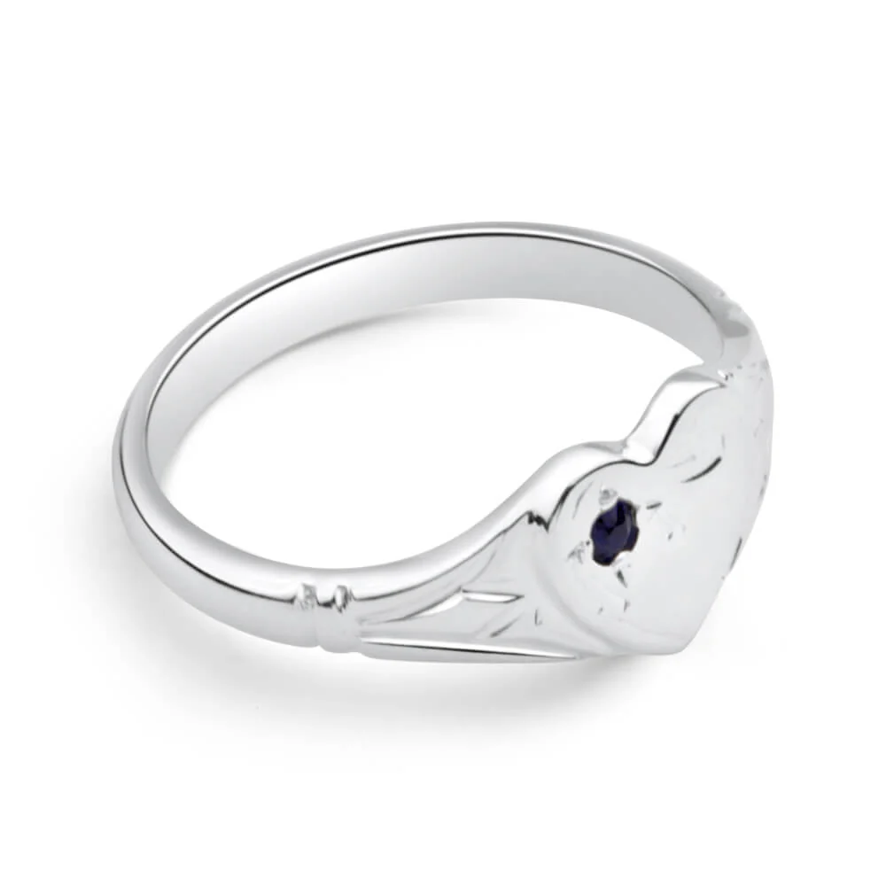 Sterling Silver Natural Sapphire Signet Heart Ring Size H - Image 2
