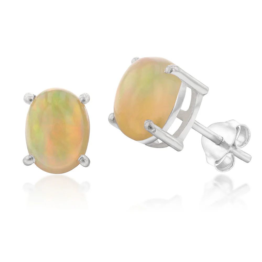 Sterling Silver Natural Solid Opal Oval Studs - Image 2