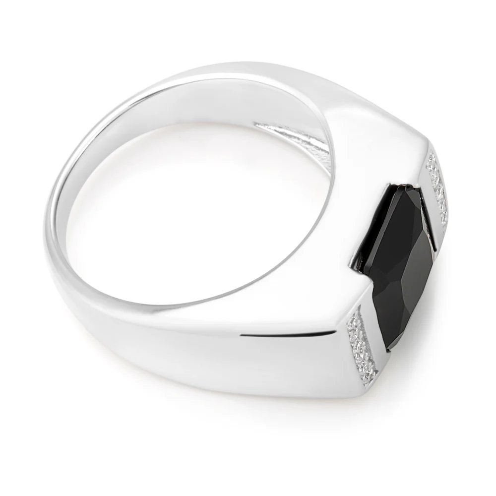 Sterling Silver Onyx and Zirconia Flat Top Gents Ring - Image 2