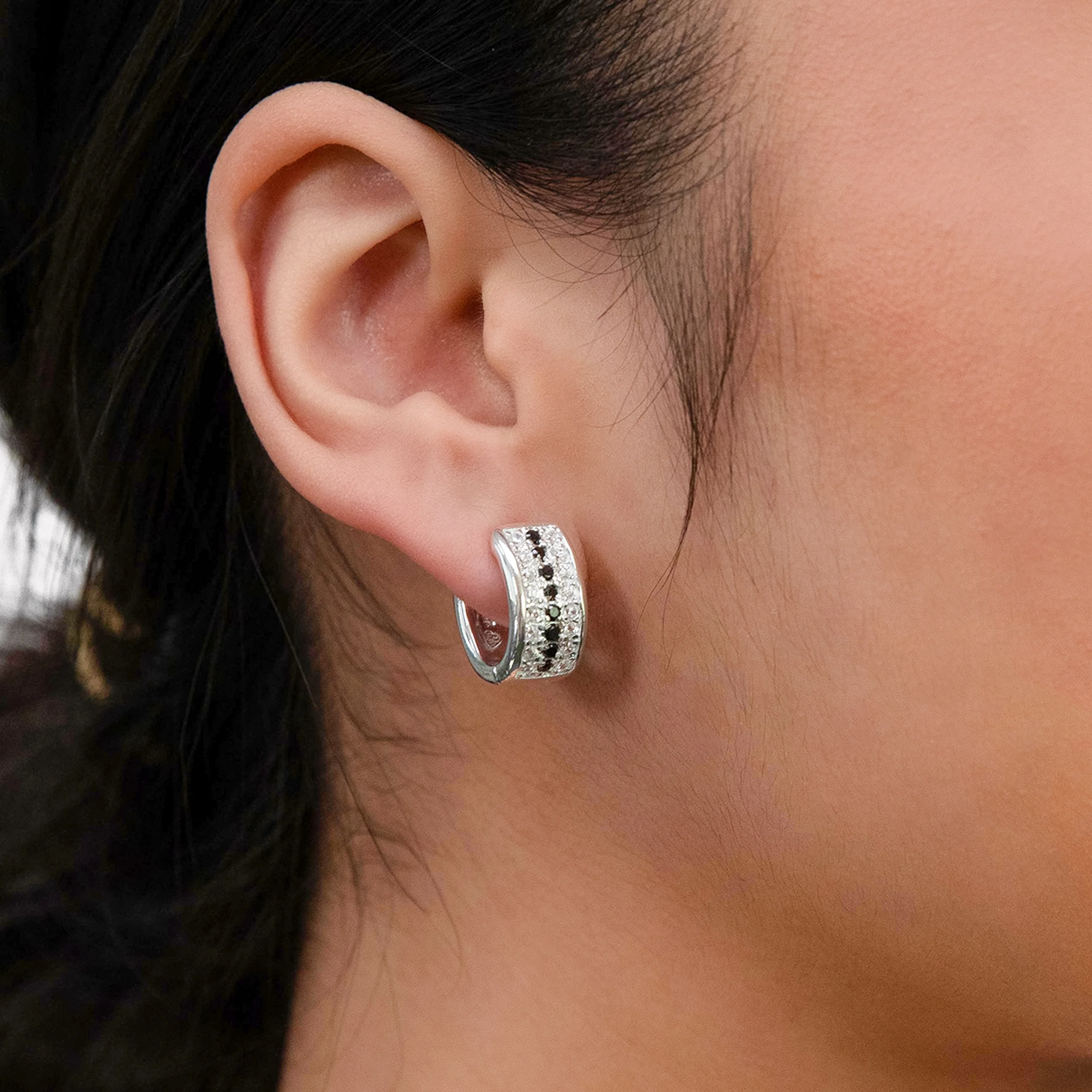 Sterling Silver Oval Black +White Cubic Zirconia Huggy Earring - Image 2