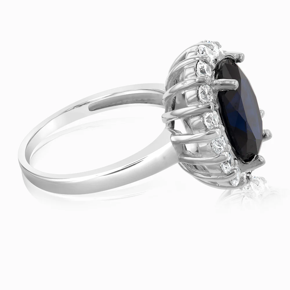 Sterling Silver Oval Blue And White Zirconia Halo Ring - Image 2