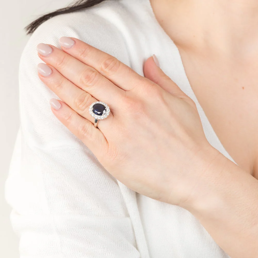 Sterling Silver Oval Blue And White Zirconia Halo Ring - Image 3