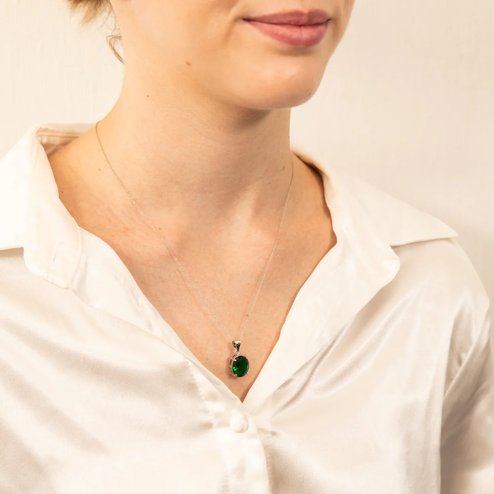 Sterling Silver Oval Created Emerald Pendant On Chain - Image 2