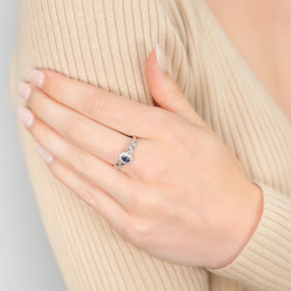 Sterling Silver Oval Cut Created Sapphire and Cubic Zirconia Ring - Image 2