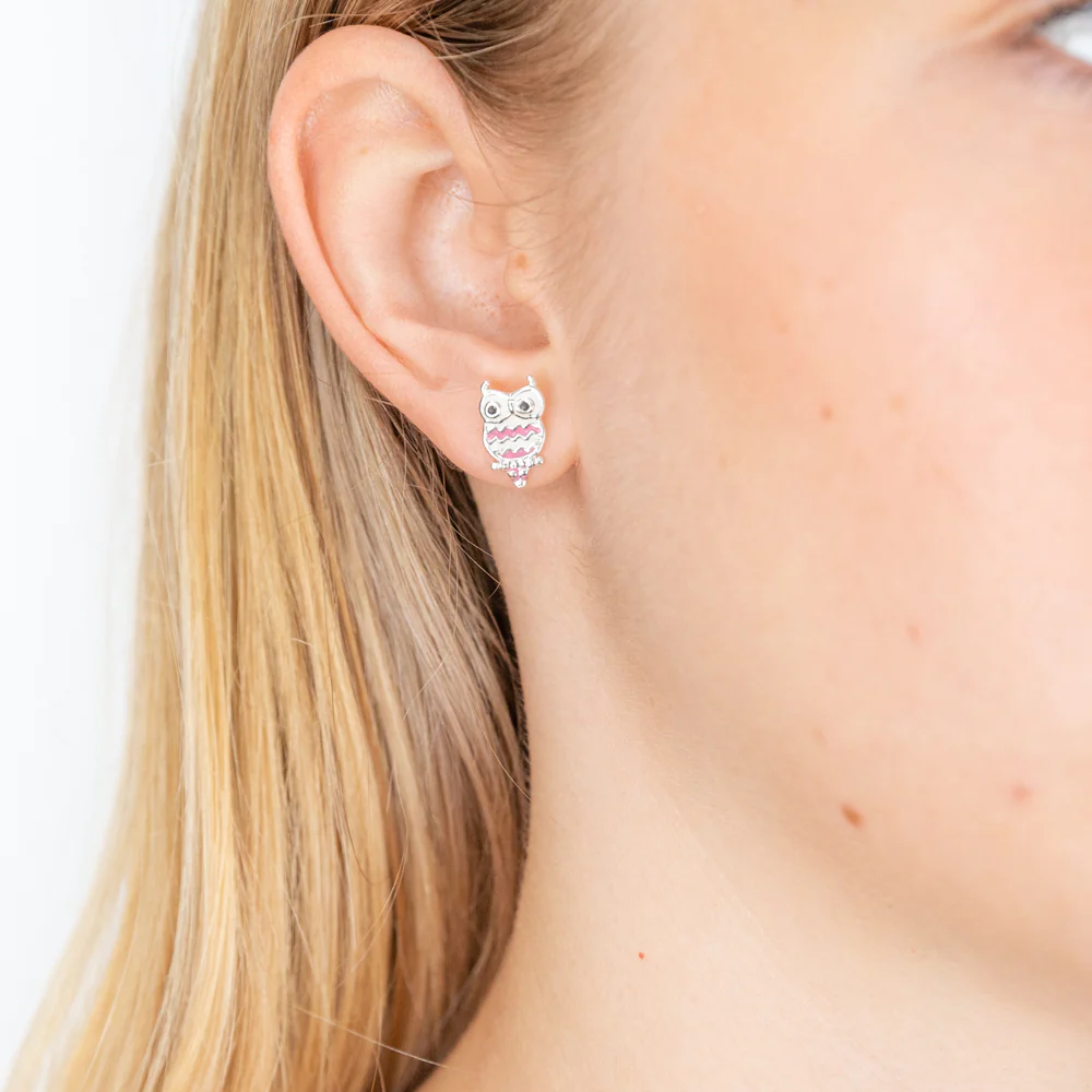 Sterling Silver Owl Pink Stud Earrings - Image 2