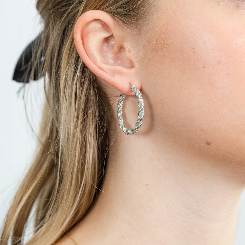 Sterling Silver Patterned Twisted Hoop Earrings - Image 2