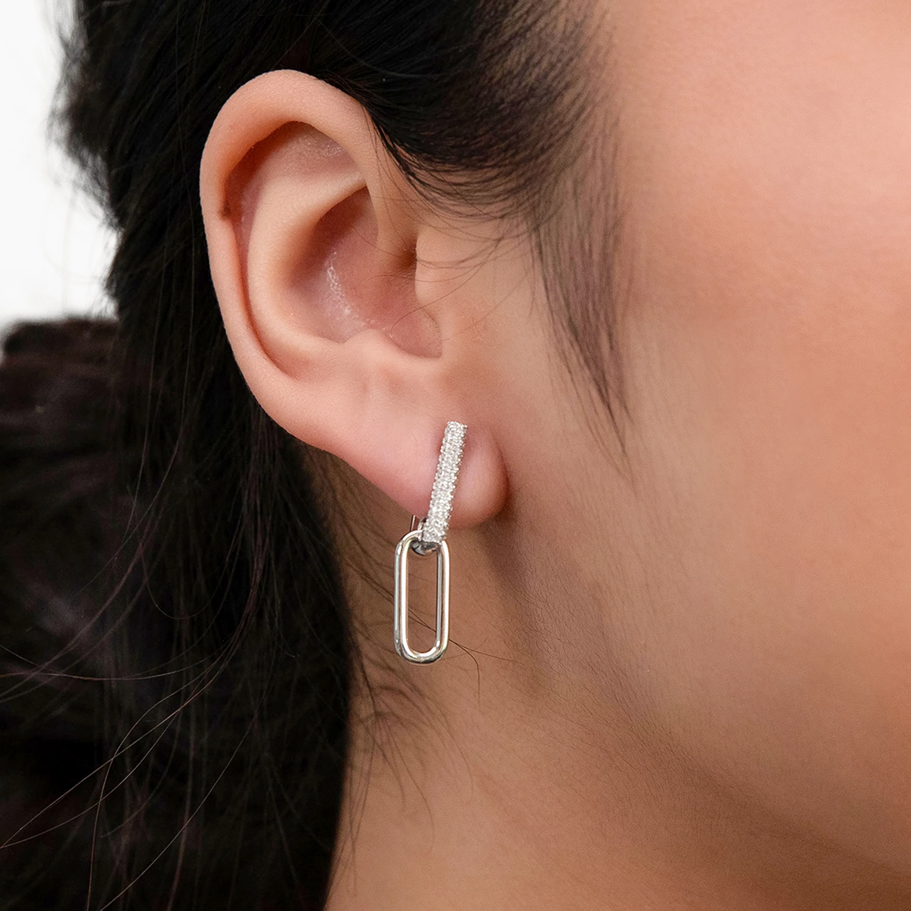 Sterling Silver Pave Link Cubic Zirconia Drop Earrings - Image 2