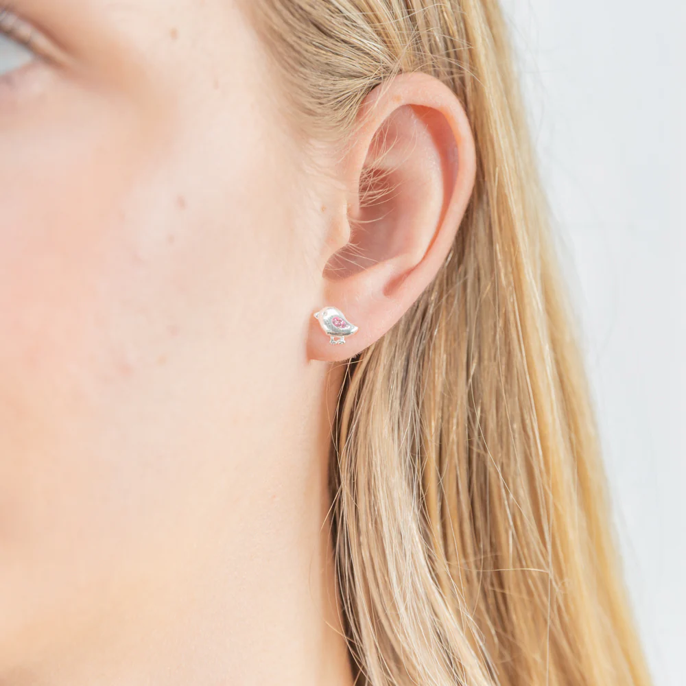 Sterling Silver Pink Bird Cubic Zirconia Stud Earrings - Image 2