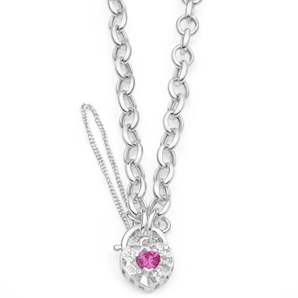 Sterling Silver Pink Cubic Zirconia Belcher Padlock Bracelet - Image 2