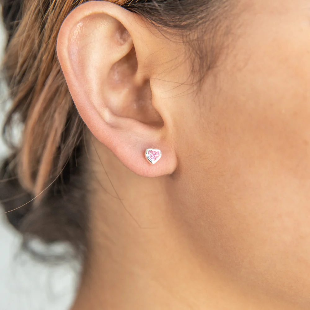 Sterling Silver Pink Cubic Zirconia Heart Stud Earrings - Image 2
