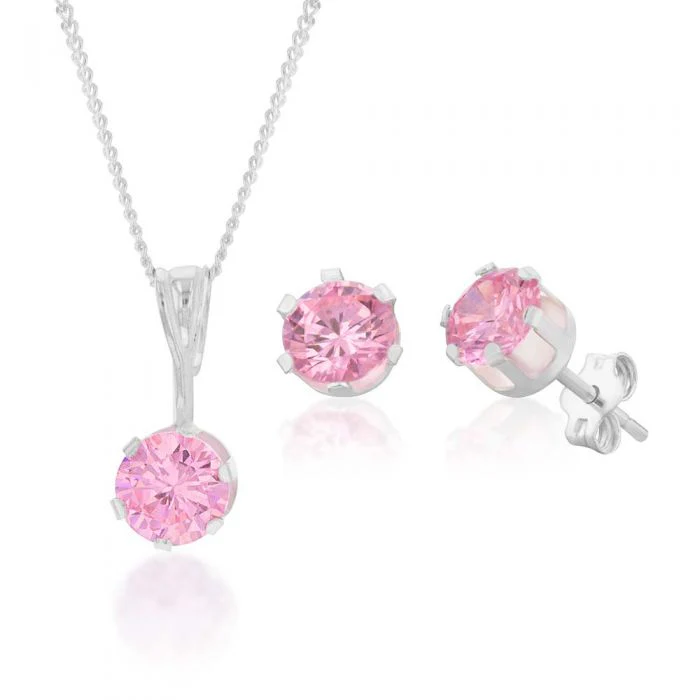 Sterling Silver Pink Cubic Zirconia Stud Earrings and Pendant on Chain Set - Image 3