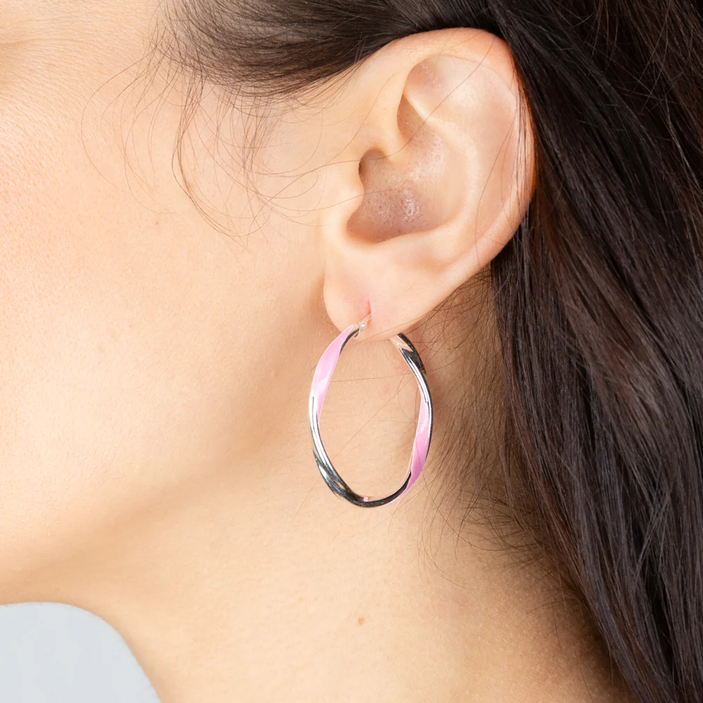 Sterling Silver Pink Enamel On Twisted 30mm Hoop Earrings - Image 2