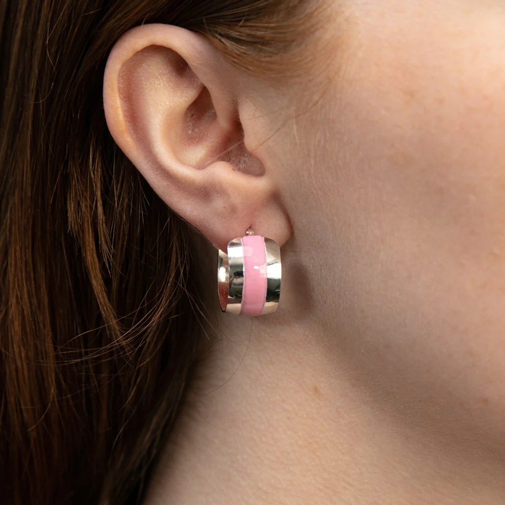 Sterling Silver Pink Enamel On Wide Hoop Earrings - Image 2