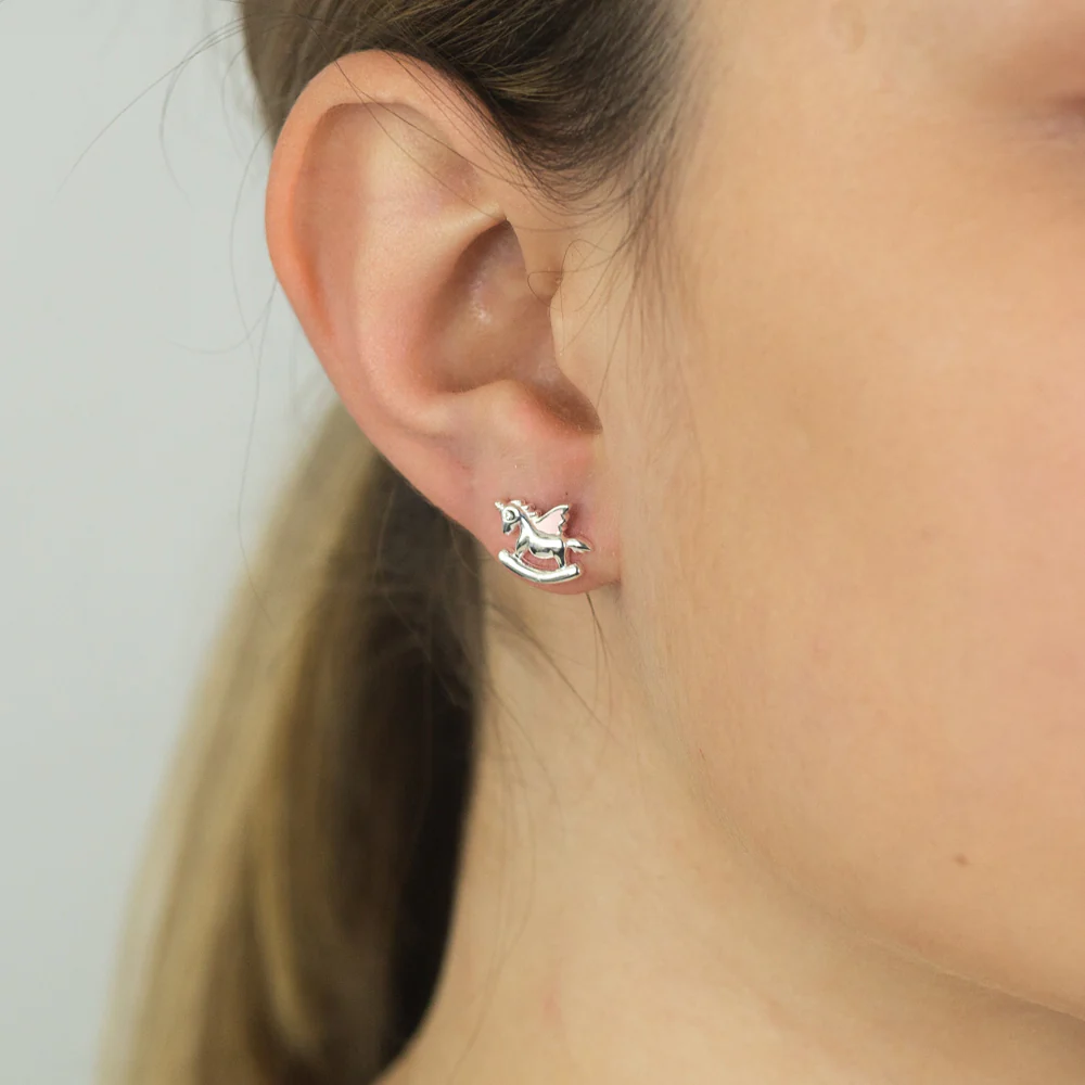 Sterling Silver Pink Enamel Rocking Unicorn Studs - Image 2