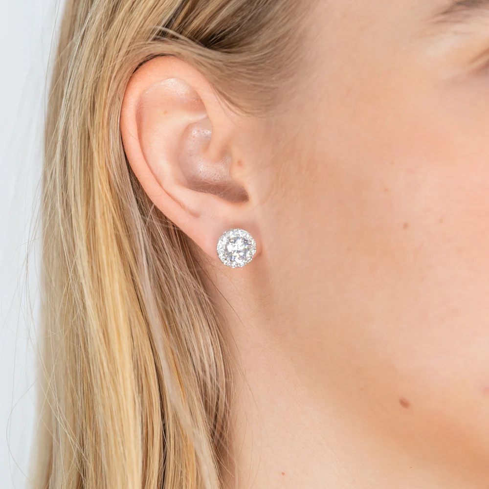 Sterling Silver Platium Plated Cubic Zirconia Brilliant Cut 7mm Halo Stud Earrings - Image 3