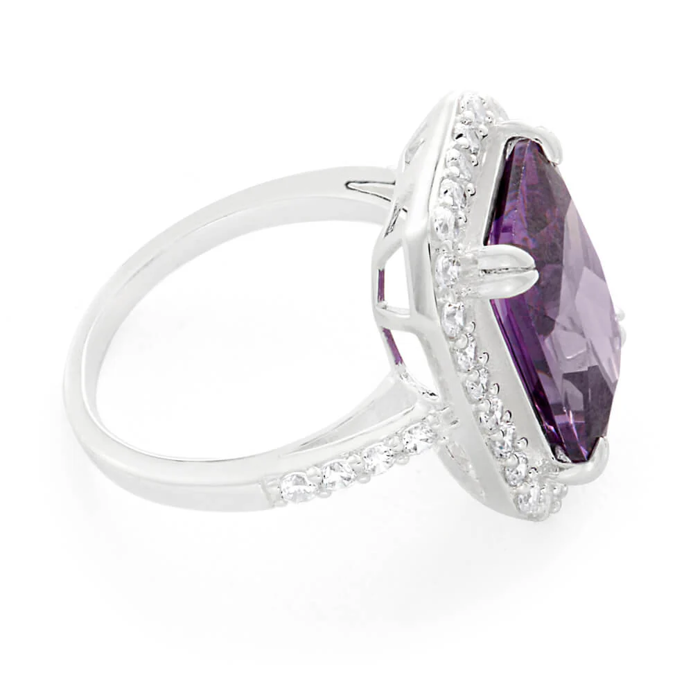 Sterling Silver Purple Cubic Zirconia Emerald Cut Halo Ring - Image 2