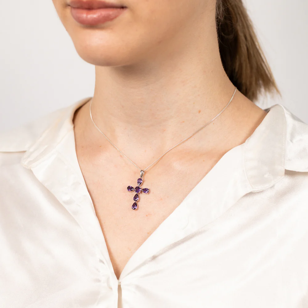 Sterling Silver Purple Zirconia Cross Pendant - Image 2
