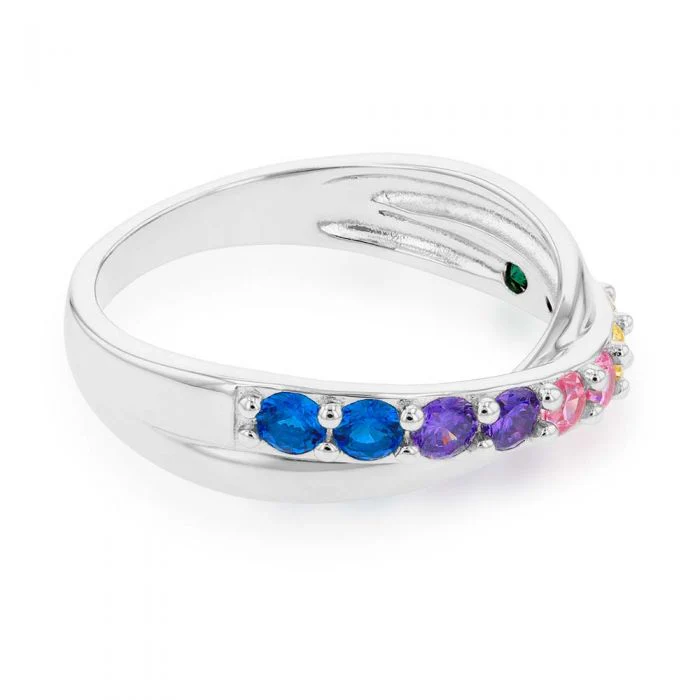 Sterling Silver Rainbow Multicolour Cubic Zirconia Crossover Ring - Image 2