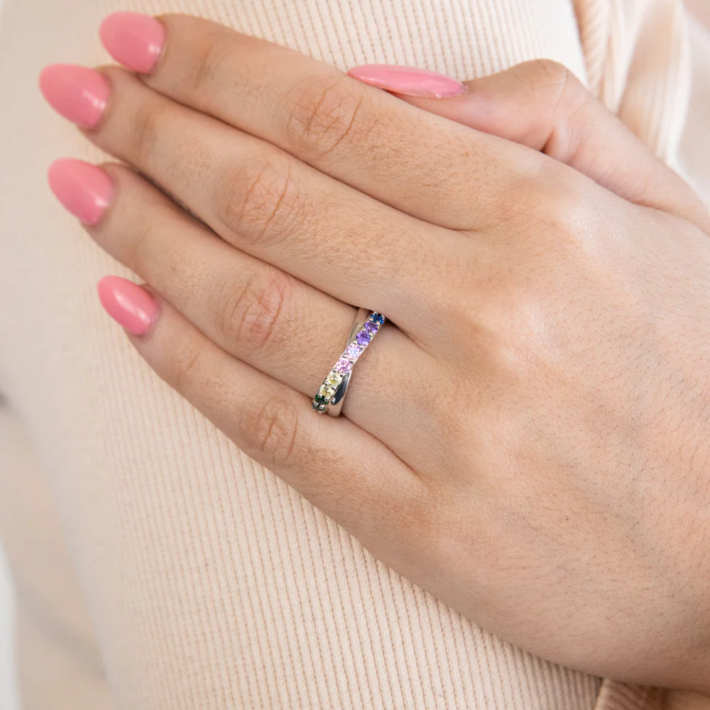 Sterling Silver Rainbow Multicolour Cubic Zirconia Crossover Ring - Image 3
