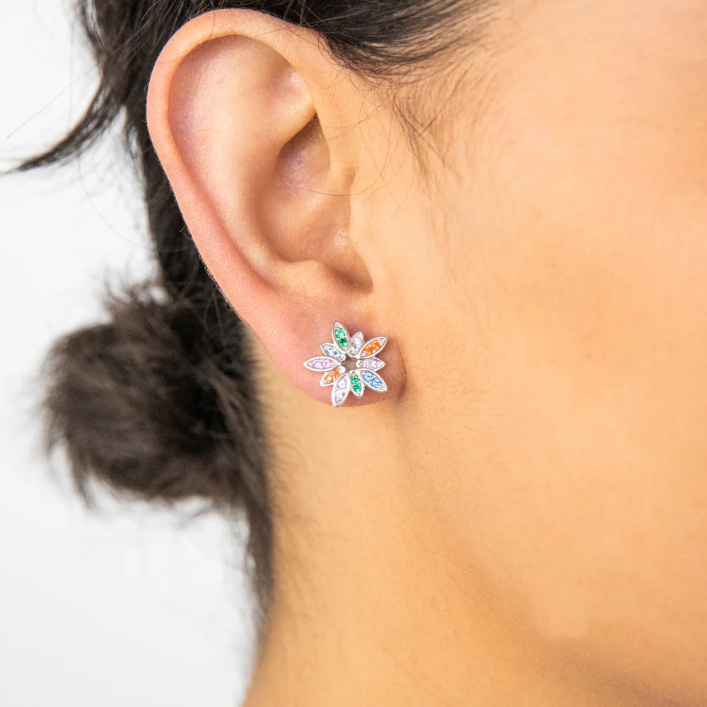 Sterling Silver Rainbow Multicolour Cubic Zirconia Flower Stud Earrings - Image 2
