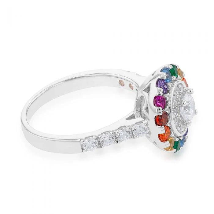 Sterling Silver Rainbow Multicolour Cubic Zirconia Halo & Channel Ring - Image 2