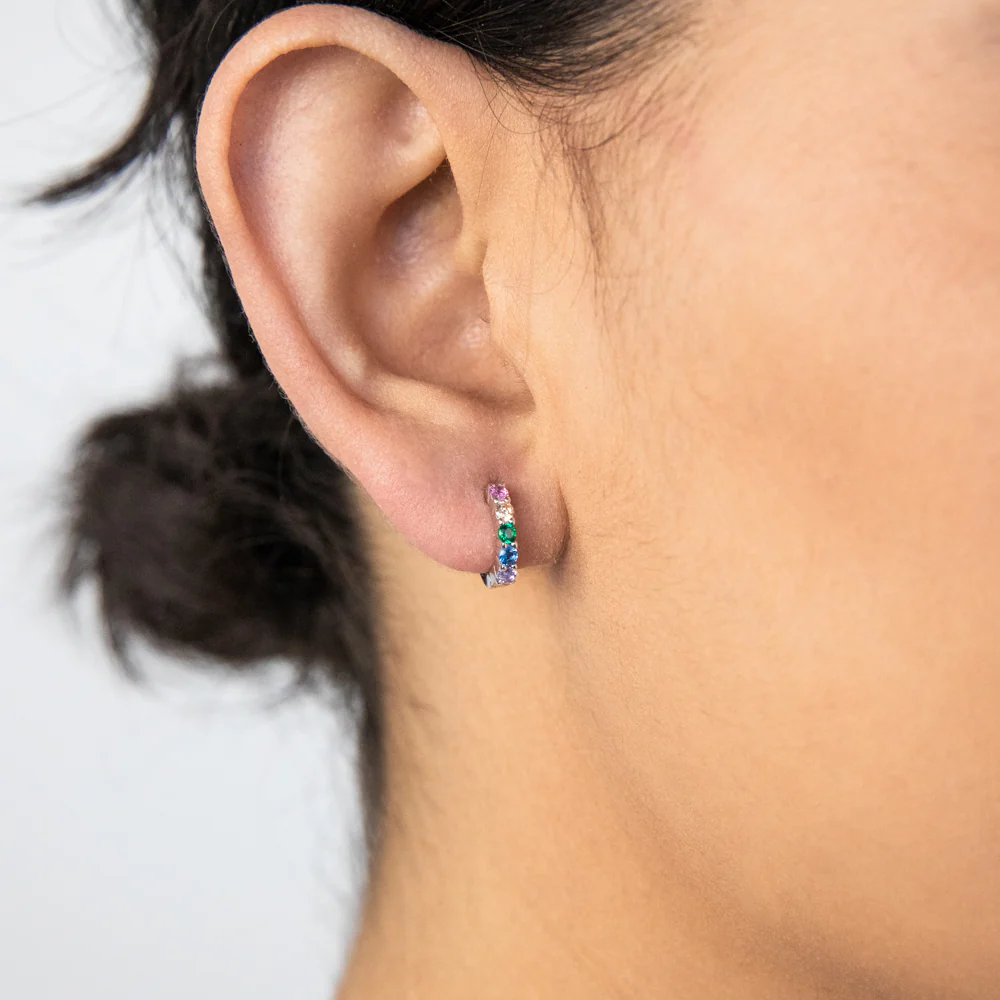 Sterling Silver Rainbow Multicolour Cubic Zirconia Hoop Earrings - Image 2