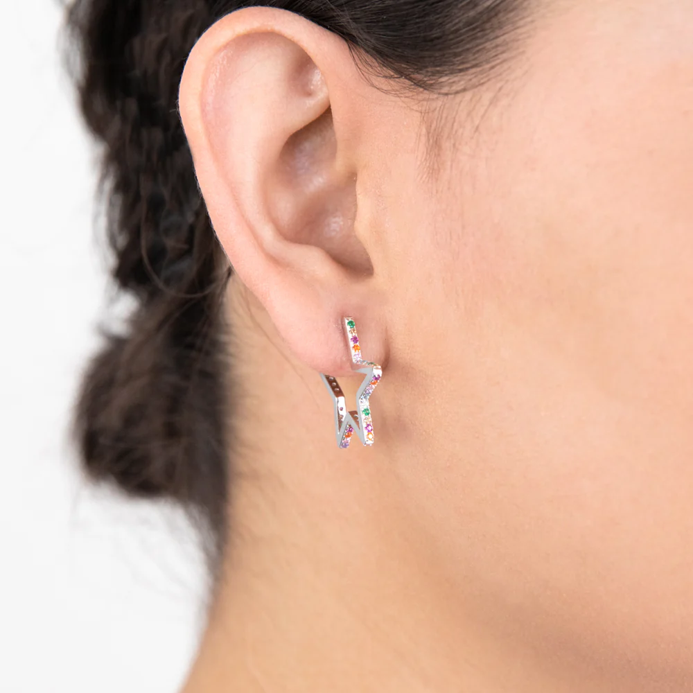 Sterling Silver Rainbow Multicolour Cubic Zirconia Open Star Stud Earrings - Image 2