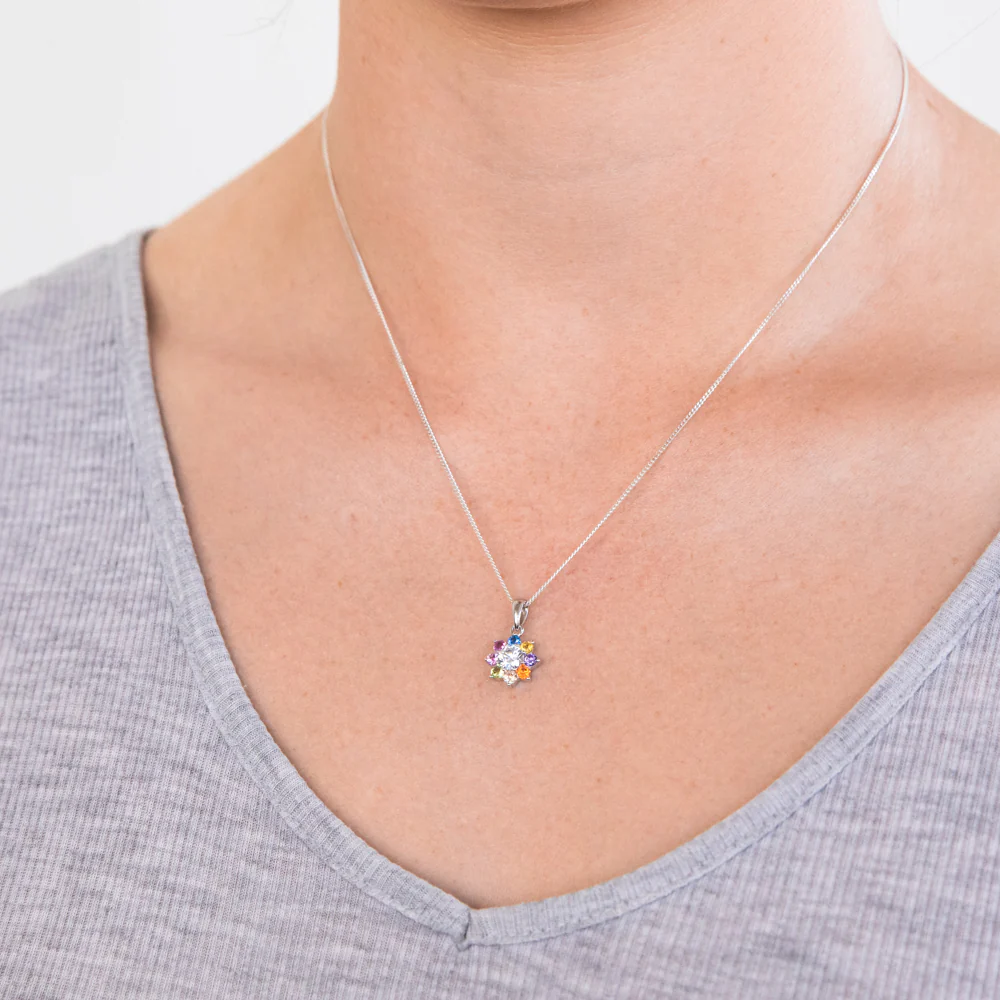 Sterling Silver  Rainbow Multicoloured Crystal Flower Pendant - Image 2