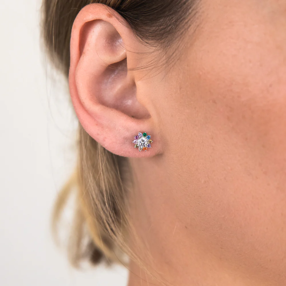 Sterling Silver Rainbow Multicoloured Crystal Flower Stud Earrings - Image 2