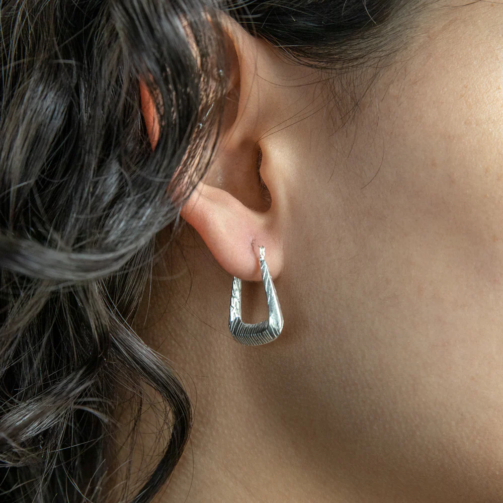 Sterling Silver Rectangular Patterned Hoop Earring - Image 2