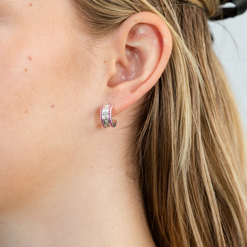 Sterling Silver Red And White Cubic Zirconia On Broad Half Hoop Earrings - Image 2