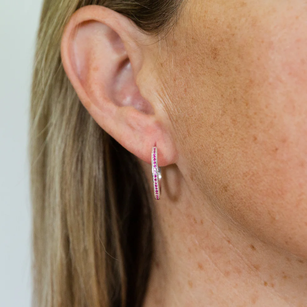 Sterling Silver Red And White Cubic Zirconia On Half Hoop Earrings - Image 2
