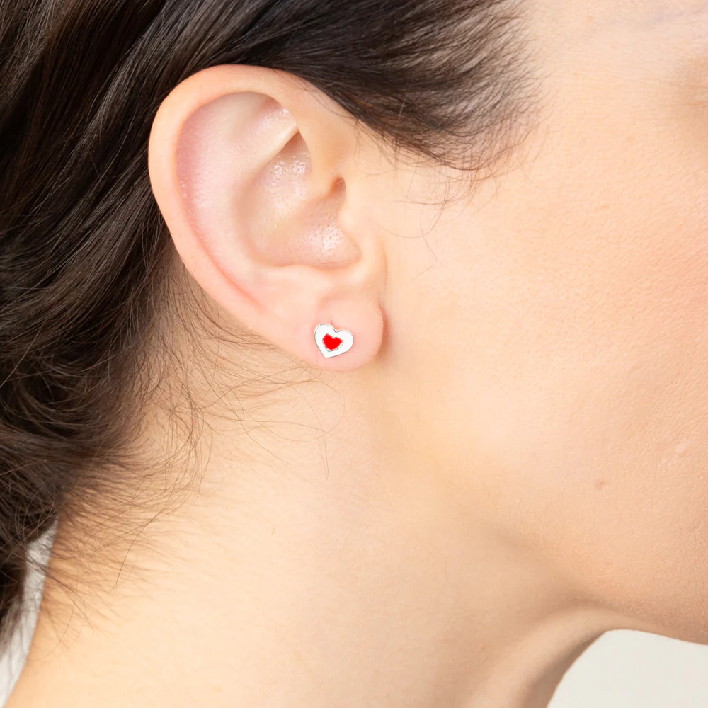 Sterling Silver Red White Enamel Heart Stud Earrings - Image 2
