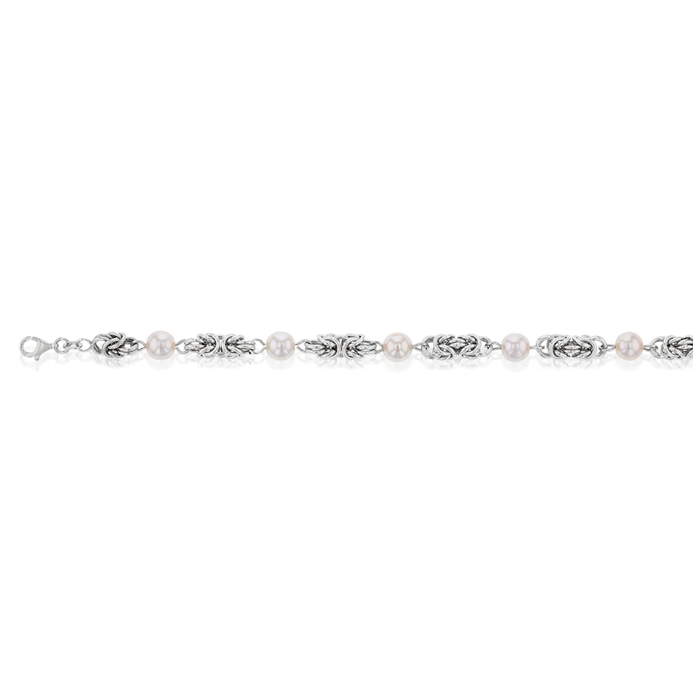 Sterling Silver Rhodium Finish Pearl And Silver Mesh 19cm Bracelet - Image 2