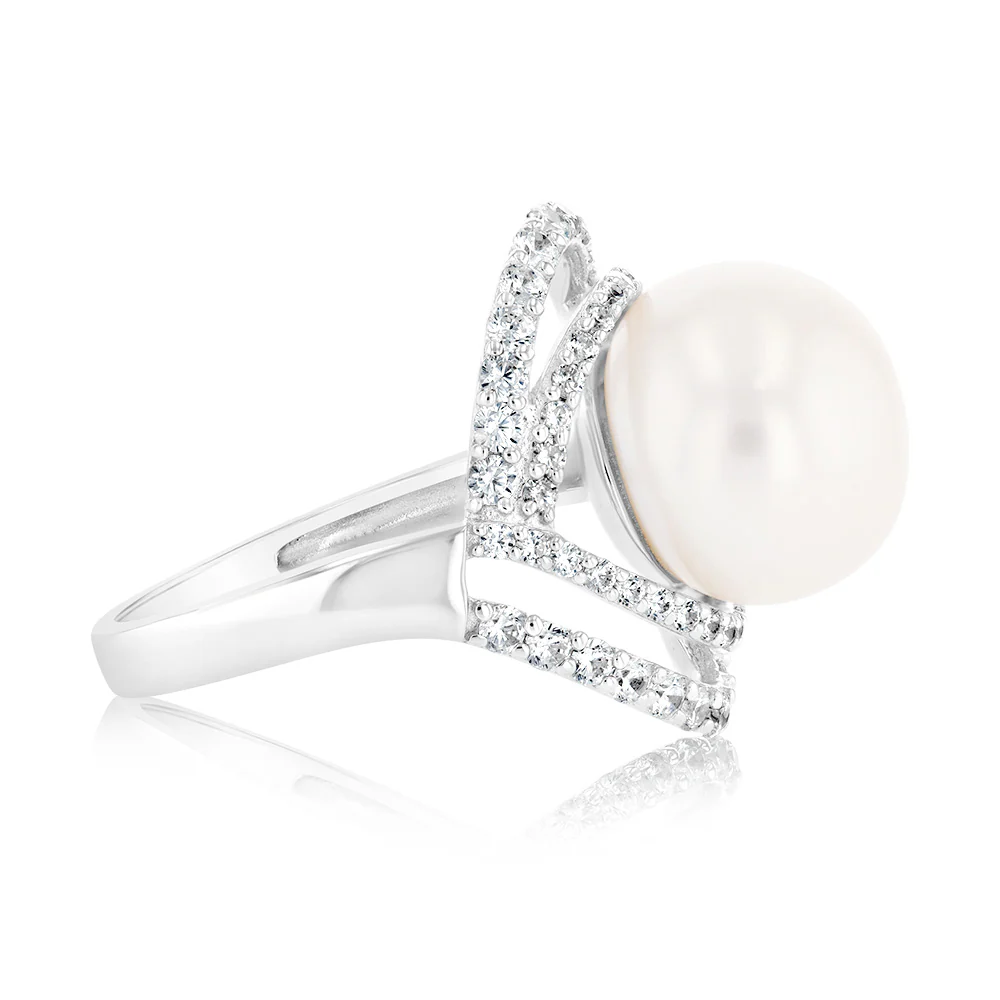 Sterling Silver Rhodium Plated 12-12.5mm White FW Button Pearl & CZ Ring - Image 2