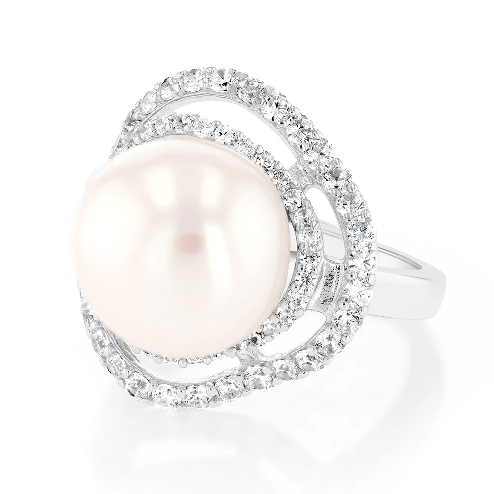 Sterling Silver Rhodium Plated 12-12.5mm White FW Button Pearl & CZ Ring - Image 3