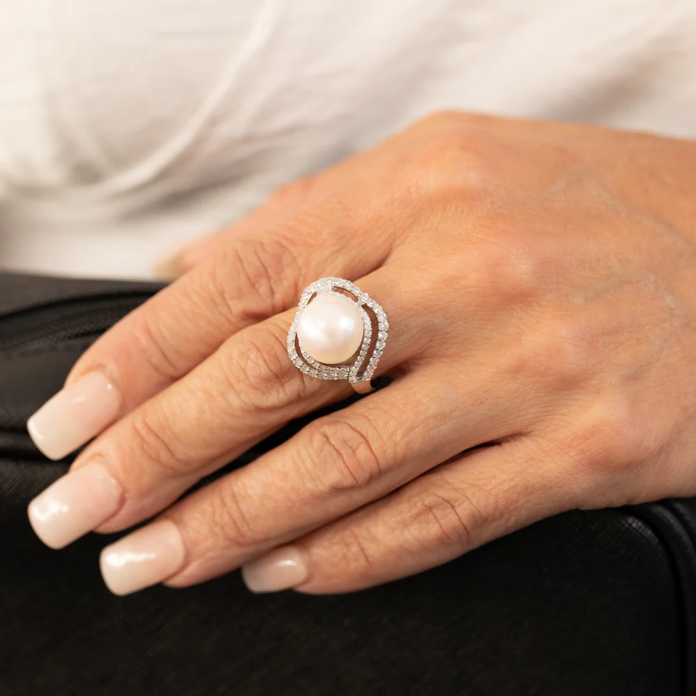 Sterling Silver Rhodium Plated 12-12.5mm White FW Button Pearl & CZ Ring - Image 4