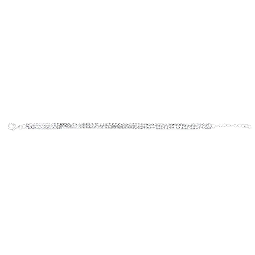 Sterling Silver Rhodium Plated 2mm Cubic Zirconia Two Row 16+3cm Tennis Bracelet - Image 2