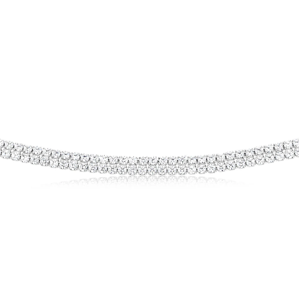 Sterling Silver Rhodium Plated 2mm Cubic Zirconia Two Row 40+5cm Tennis Chain - Image 2