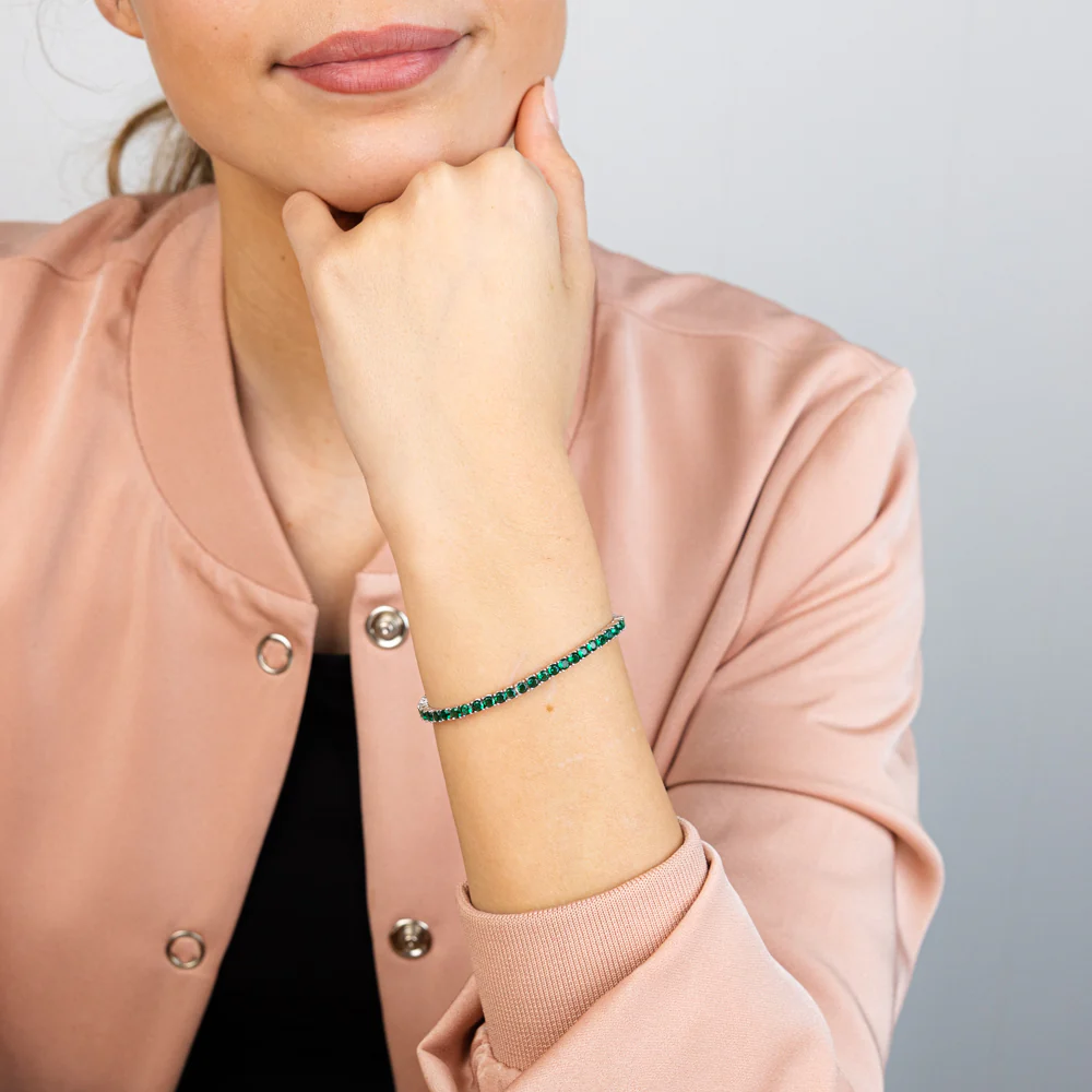 Sterling Silver Rhodium Plated 3mm Emerald Green Coloured Cubic Zirconia 19cm Bracelet - Image 4