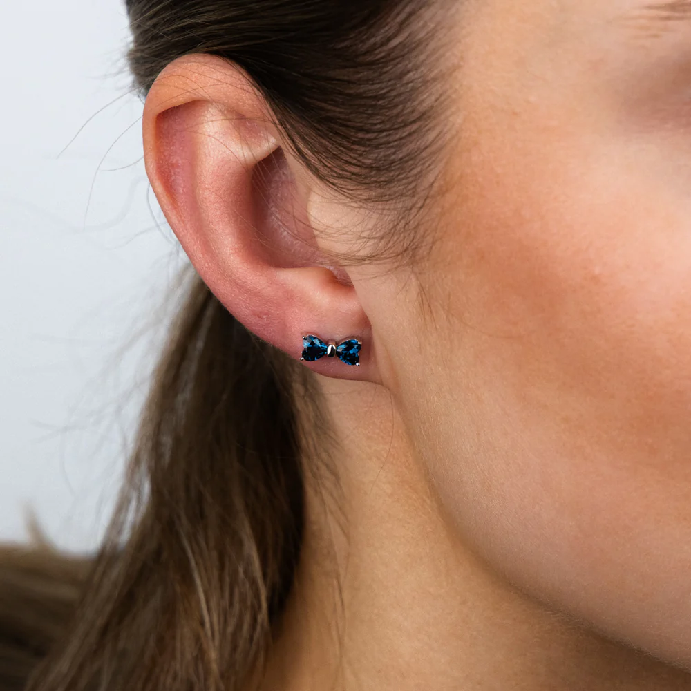 Sterling Silver Rhodium Plated Blue Heart Shaped Cubic Zirconia Stud Earrings - Image 2