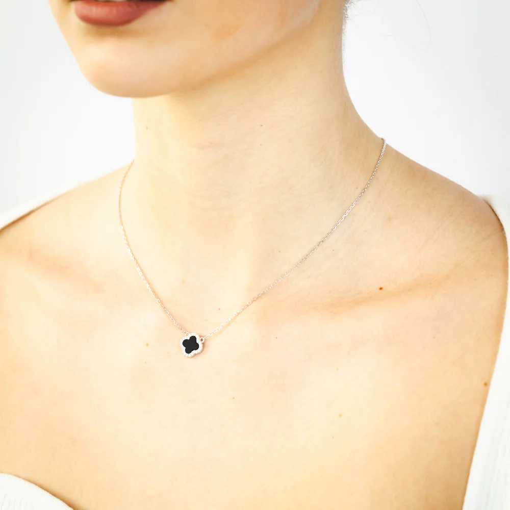 Sterling Silver Rhodium Plated Clover Black Agate And White CZ Pendant On 40-45cm Chain - Image 2