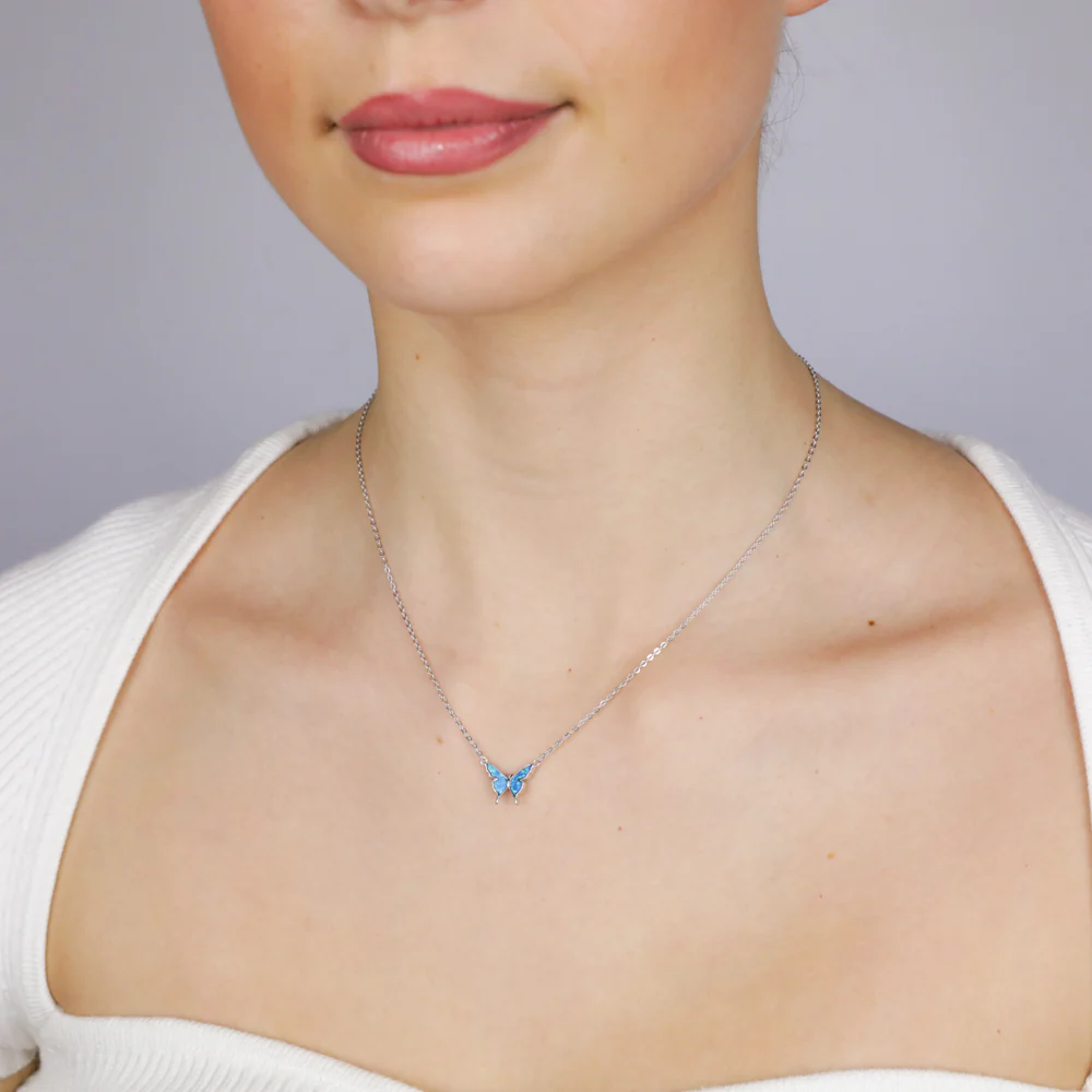 Sterling Silver Rhodium Plated Created Blue Opal Butterfly Pendant On Chain - Image 2