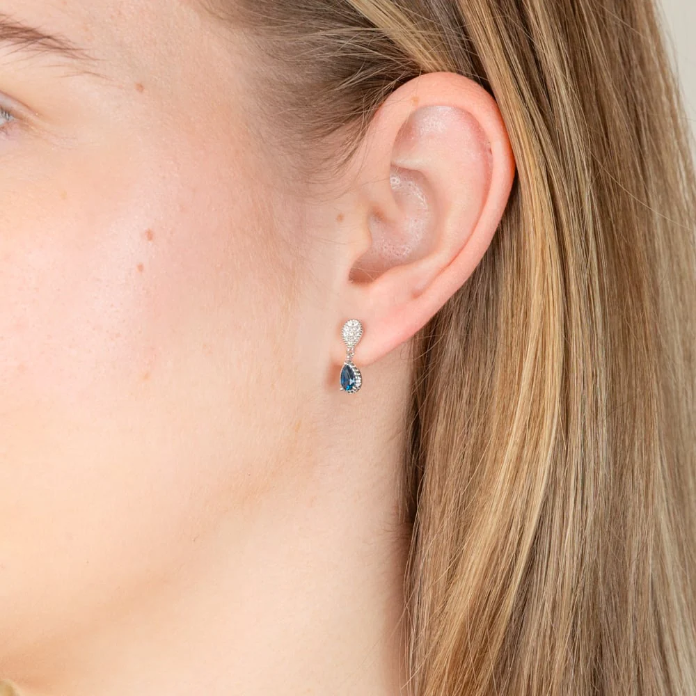 Sterling Silver Rhodium Plated Created  Blue Topaz Pear Drop Earrings - Image 2