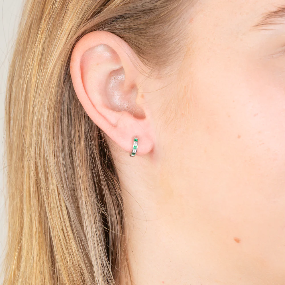 Sterling Silver Rhodium Plated Created Emerald And White CZ Hoop Earrings - Image 2