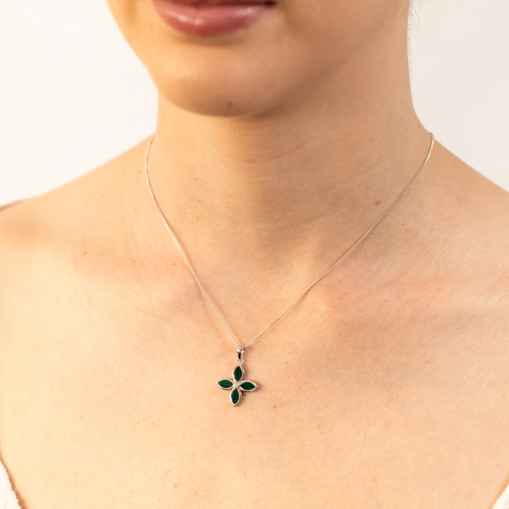 Sterling Silver Rhodium Plated Created Malachite Four Leaf Pendant - Image 2