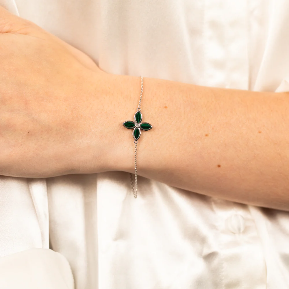 Sterling Silver Rhodium Plated Created Malachite Four Petal 16+4cm Bracelet - Image 3